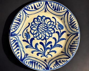 Cuenco grande español de Fajalauza Lebrillo, azul y blanco, del siglo XIX, procedente de Granada, de 33 cm.