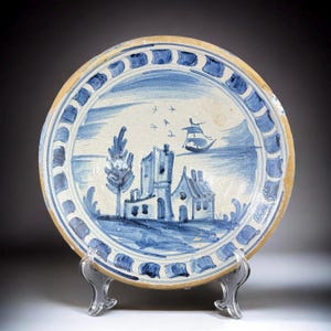May include: A round, antique ceramic plate with a hand-painted blue and white landscape scene. The design features a building, a ship, trees, and birds. The rim has a decorative blue pattern and a tan edge. The plate is displayed on a clear stand.