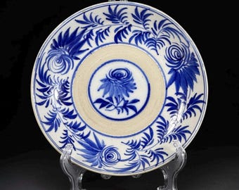 Late 19th Century Asian Blue and White Hand-Painted Ceramic Plate - 7.9 in
