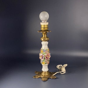 Vintage Hand Painted Porcelain Table Lamp Capodimonte Italian Flowers with Brass