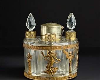 Set de perfume francés de bronce dorado de 1890 con 4 frascos – Etiquetas ARYS Paris «Fox-Trot» – Neo-Empire excepcional – 10 cm