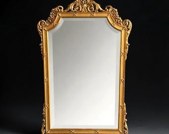 French Louis XV Style Hand-Carved Giltwood Wall Mirror with Beveled Glass - Mid-20th Century