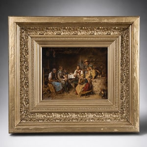May include: An antique oil painting in a gold ornate frame depicts a group of people gathered indoors. The scene shows a table setting and figures in traditional clothing, suggesting a historical or cultural theme. The frame's intricate details add to the artwork's vintage appeal.