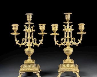 Candelabro de tres brazos de metal dorado, estilo Luis XVI, finales del siglo XIX, par, 13,78 pulgadas