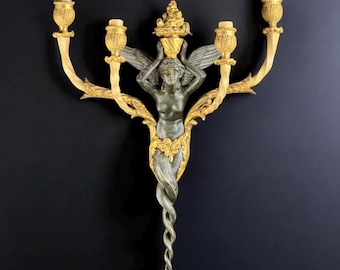 c.1880–1900 French Winged Victory Bronze Ormolu Wall Sconce, 17.3in x 13in