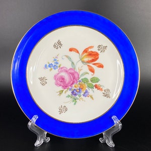 Limoges porcelain collection plate decor Magic Blue & Flowers. Limoges France.