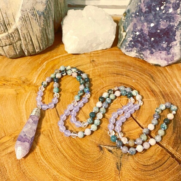 The Purple Goddess, Fluorite Crystal Beaded Necklace, Mala Style