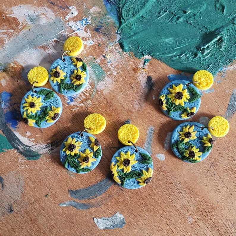 Polymer Clay Statement Earrings Handmade Jewelry ClayCluaise Sunflower Earrings