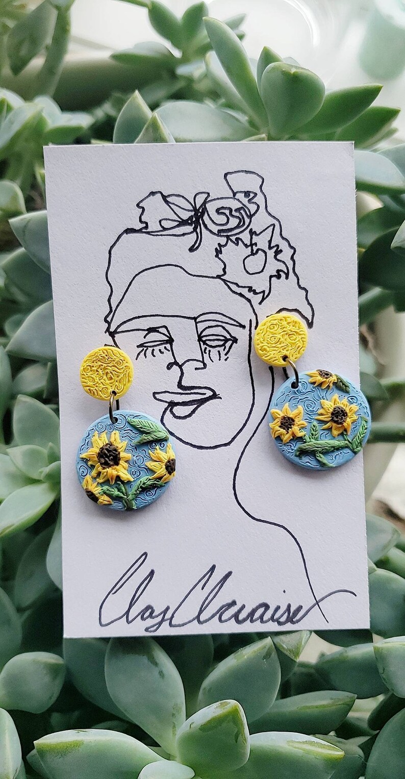 Polymer Clay Statement Earrings Handmade Jewelry ClayCluaise Sunflower Earrings