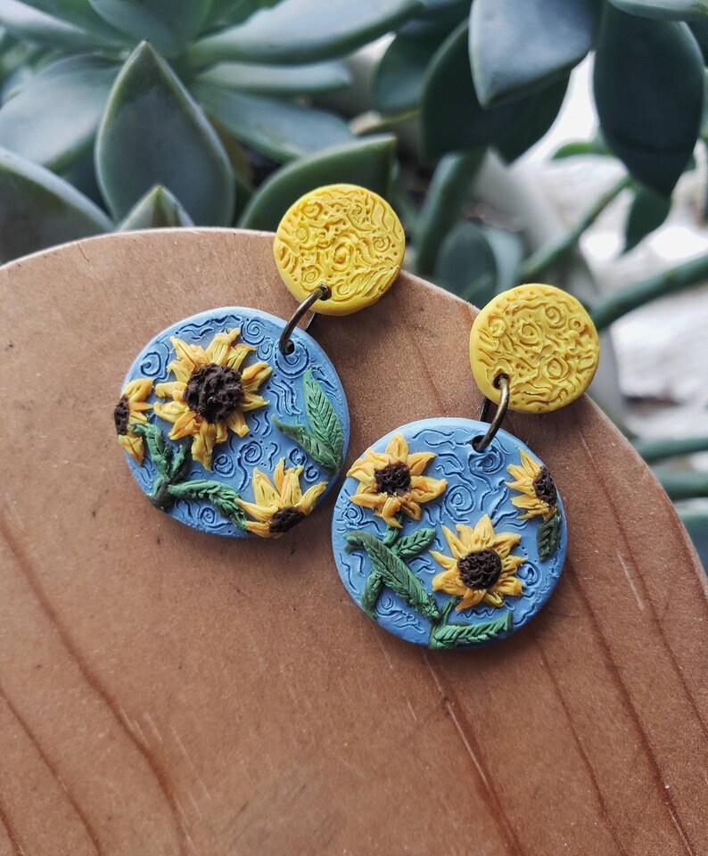 Polymer Clay Statement Earrings Handmade Jewelry ClayCluaise Sunflower Earrings
