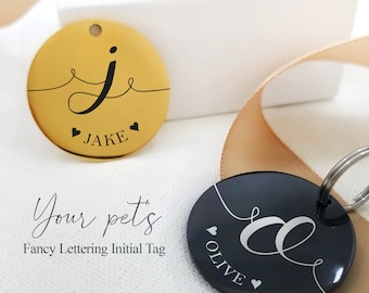 Pet Tag, Cat/Dog Tag, Fancy Lettering Initial Tag, Personalized Pet Tag, Stainless Steel Pet ID, Gold / Rose Gold / Silver / Black