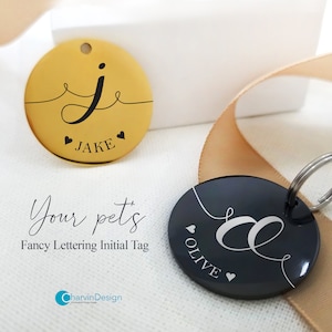 Pet Tag, Cat/Dog Tag, Fancy Lettering Initial Tag, Personalized Pet Tag, Stainless Steel Pet ID, Gold / Rose Gold / Silver / Black