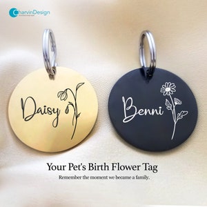 Pet Tag, Cat Tag, Dog Tag, Birth Flower Tag, Personalized Pet Tag, Stainless Steel Pet ID, Key Chain, Gold / Rose Gold / Silver / Black