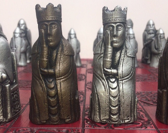 Lewis Chessmen - Isle of Lewis Chess set - Handmade Lewis Chess pieces With Berserker Pawns - Bronze and Silver Effect - Made to order