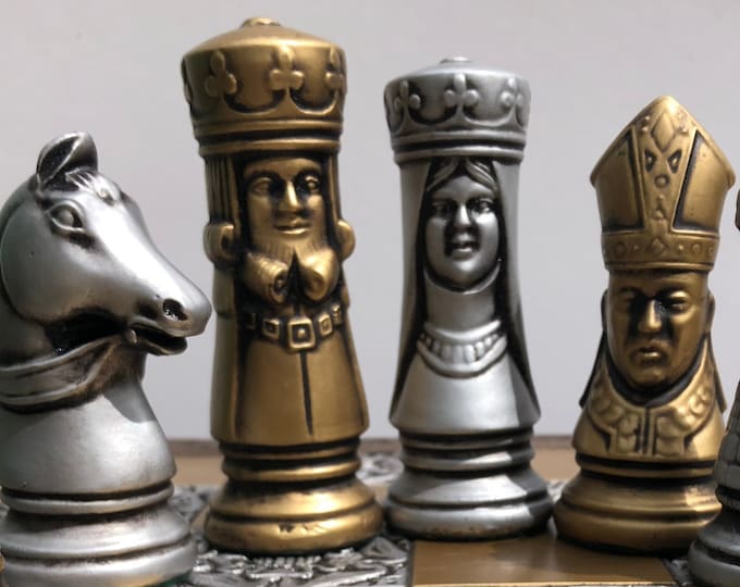 Medieval Chess Set - Large Gothic Busts Chess Set - Antique Gold and Silver Metallic Effect - Chess Pieces Only