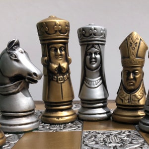 Medieval Chess Set - Large Gothic Busts Chess Set - Antique Gold and Silver Metallic Effect - Chess Pieces Only - Made to order