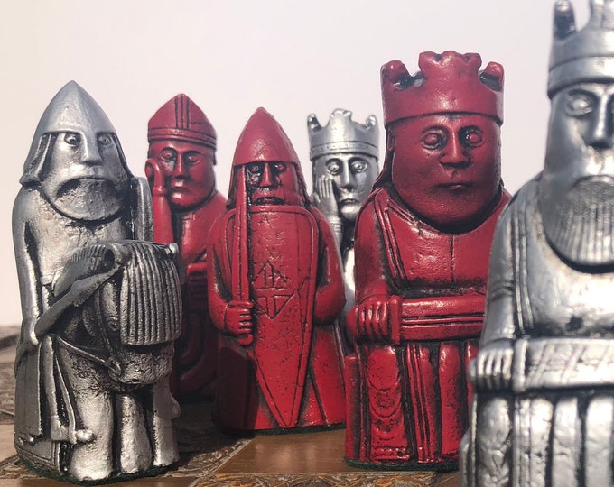 Lewis Chessmen - isle of Lewis Chess Set - Alternate sides with Berserker Pawns - Handmade in Red and Silver antique effect - Made to order