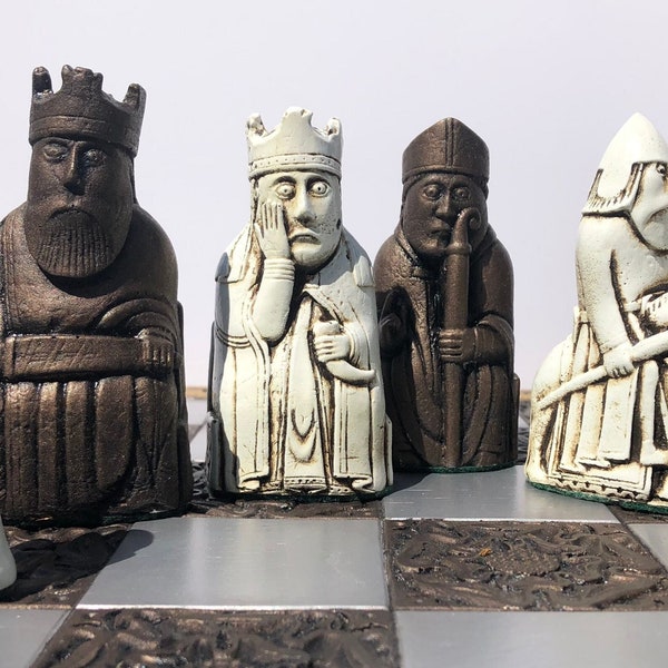 Lewis Chess set - Handmade Isle of Lewis Chess Pieces - Antique White and Aged Bronze effect - Chess Pieces Only - Made to order