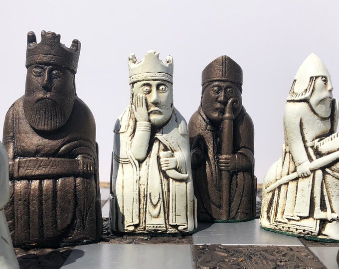 Lewis Chess set - Handmade Isle of Lewis Chess Pieces - Antique White and Aged Bronze effect - Chess Pieces Only - Made to order