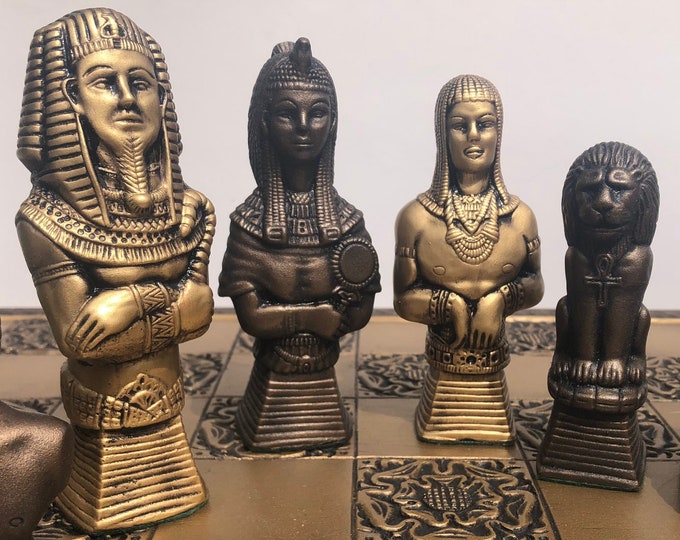 Egyptian Chess Set - large chess set - Ancient Egypt theme - Bronze and Gold Metallic Antique effect - Made to order - chess Pieces Only