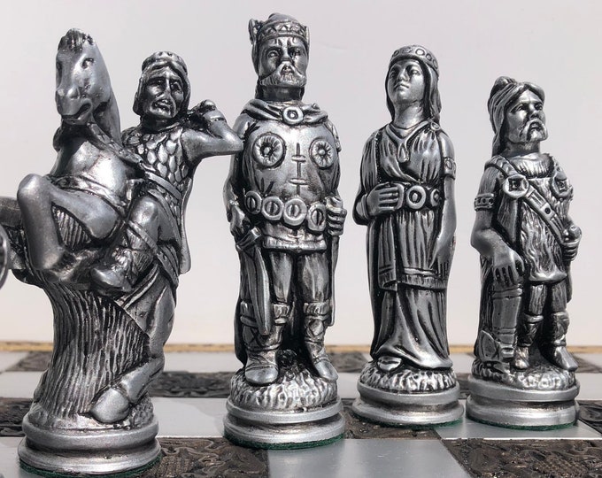 Large Viking Themed Chess Set - Reconstructed Stone with Antique Bronze and Silver Metallic Finish - Chess pieces only - Made to order!!!