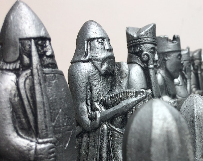 Traditional Lewis Chess set - Lewis Chessmen - Made to order - Heritage Chess pieces in an Antique Metallic Effect V2 (Chess pieces only