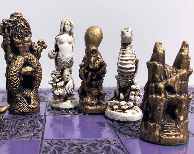 Chess set - Neptune Chess set - Antique white and aged gold effect - Chess pieces only - Made to order