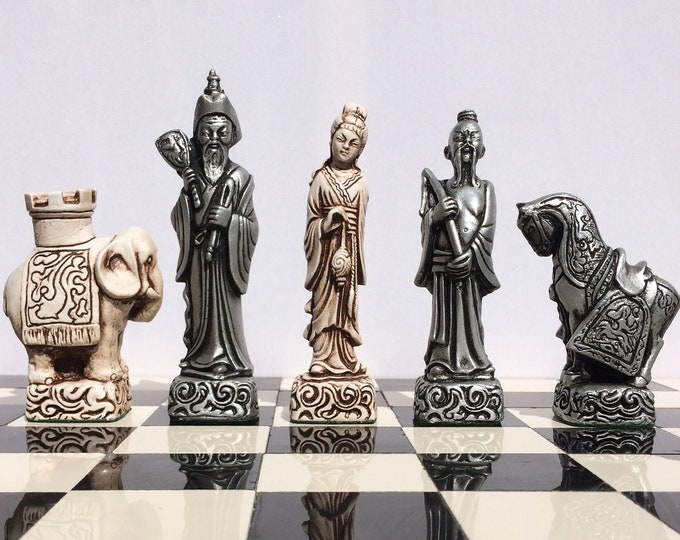 Highly Detailed Oriental themed chess set - Antique White & Aged Silver Effect - Made to order - Chess Pieces only)