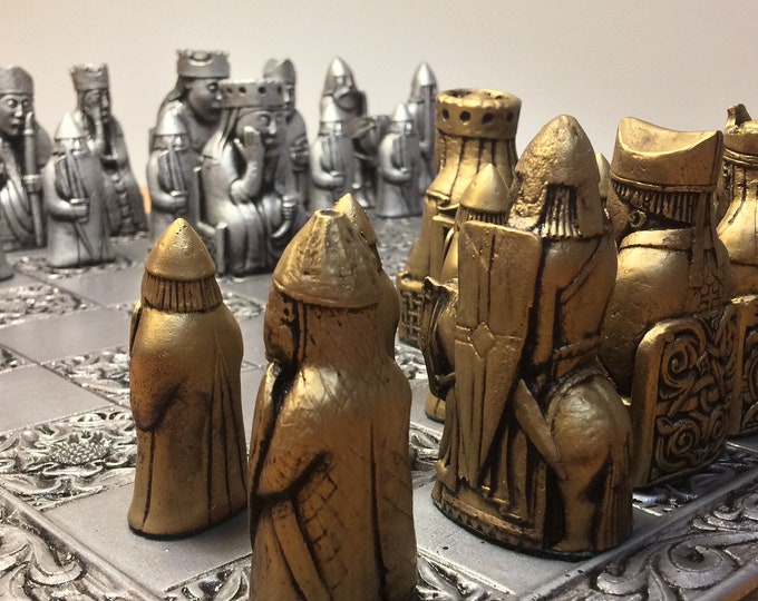 Lewis Chessmen Replica Chess set and Board - Antique Aged Metallic Effect with Two Extra Queens - Made to order