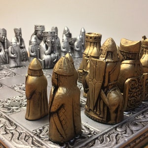 Lewis Chessmen Replica Chess set and Board - Antique Aged Metallic Effect with Two Extra Queens - Made to order