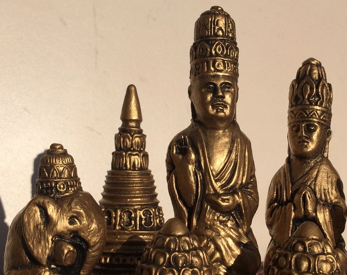 Buddhist Chess Set - Antique Soft Gold and Warm Copper Effect - Sri Lanka  19th Century Style (Chess Pieces Only) - Made to order