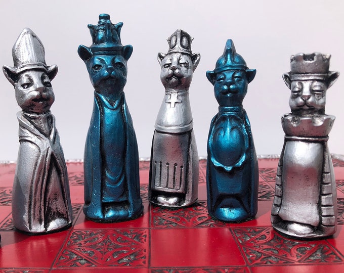 Cat themed Chess set -  Royal Cats Chess Set in Metallic blue and silver Antique effect chess pieces - Chess pieces only - Made to order