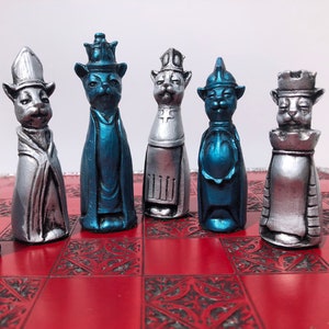 Cat themed Chess set -  Royal Cats Chess Set in Metallic blue and silver Antique effect chess pieces - Chess pieces only - Made to order