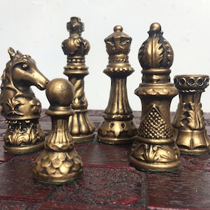 Baroque Themed Staunton Chess Set - Cold Cast Reconstructed Stone chess set with Antique Metallic Finish - Made to order - Chess Pieces Only