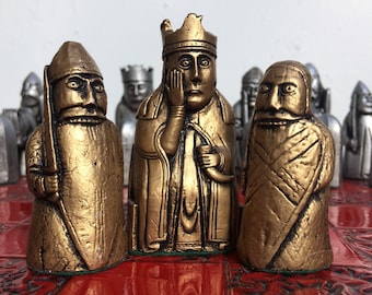 Lewis Chessmen - Isle of Lewis Chess set - Replica Lewis chess pieces - Silver and gold metallic Antique Effect - Chess pieces Only - V2