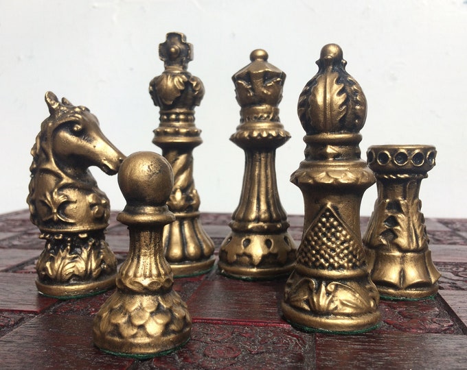 Baroque Themed Staunton Chess Set - Cold Cast Reconstructed Stone chess set with Antique Metallic Finish - Made to order - Chess Pieces Only