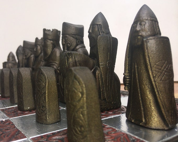 Traditional Lewis Chessmen - Isle of Lewis Chess set in Old Antique Bronze & Pewter Metallic Effect (V1)  Made to order Chess pieces only)