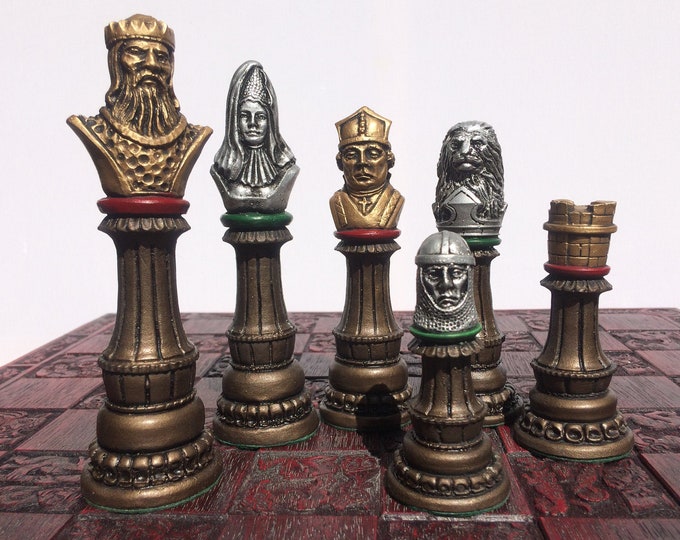 Large Chess Set - Richard the lion heart chess pieces - Antique Metallic Bronze, Silver & Gold Effect - Made to order - Chess Pieces Only)