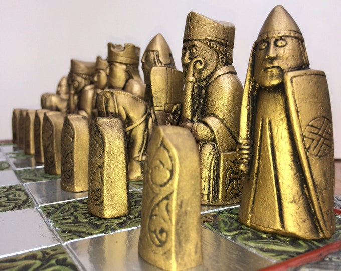 The Lewis Chessmen - Isle of Lewis Chess Set - Heritage Pieces with an Old Antique Metallic Effect (V1)  (Chess pieces only) - Made to order