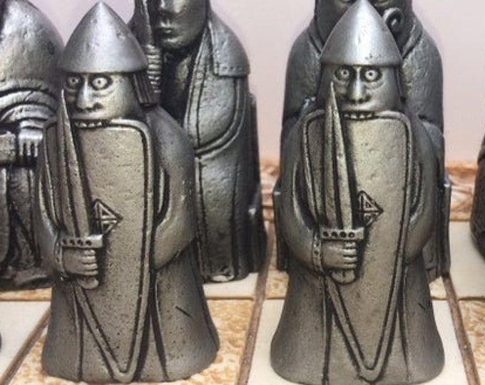 Lewis Chessmen Toothy Berserker Chess Pawns - Lewis Chess Spares 16 Chess Pawns - Made to order -  Metallic Effect (Chess Pawns Only)