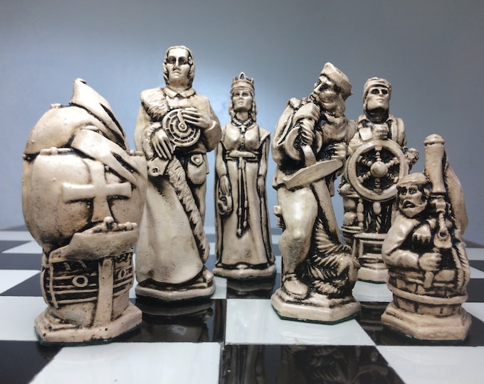 Christopher Columbus Chess Set - Antique White and Aged Copper Metallic Effect - Made to order (Chess pieces Only)