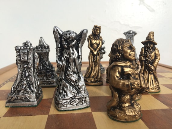 Medieval Theme Gold & Silver Tone Metal Chess Set