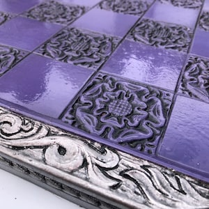 Chess board - York Rose Gothic Motif with Engraved Border -Silver and Purple Antique Effect - 45cm x 45cm with 5cm Squares - Made to order