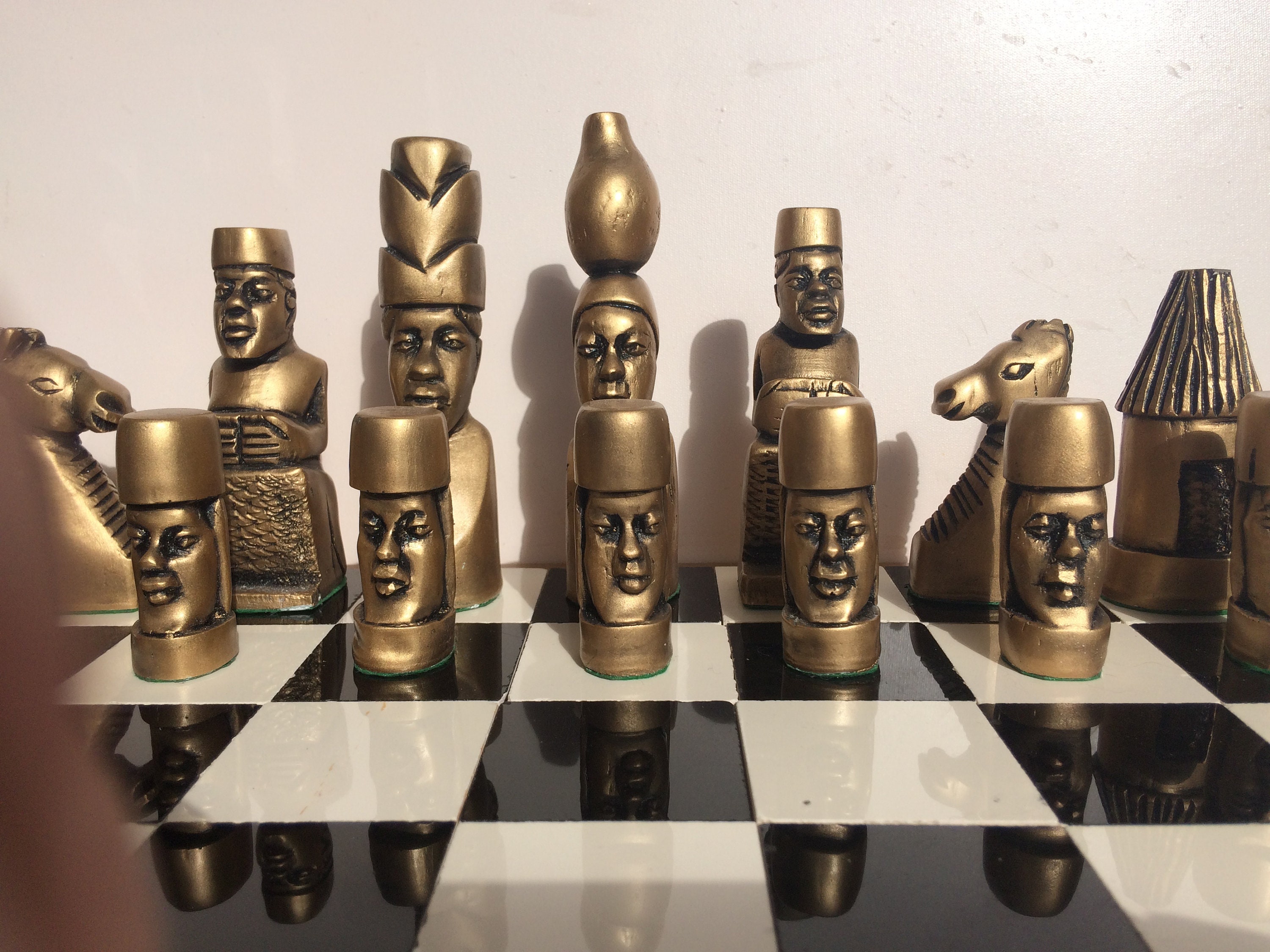 12 Brass Metal Chess Pieces & Board Set Tribal Artwork -  Portugal