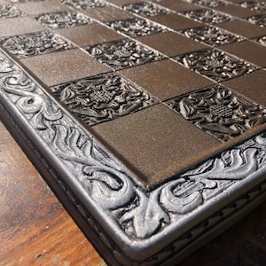 Large Chess board - Tudor Rose Gothic Motif with Engraved Border (Made to order)- Bronze and Silver Metallic Effect  45cmx45cm, 5cm Squares