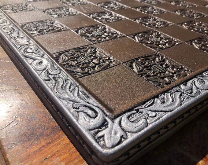 Large Chess board - Tudor Rose Gothic Motif with Engraved Border (Made to order)- Bronze and Silver Metallic Effect  45cmx45cm, 5cm Squares