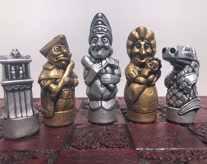 Chess set - Punch and Judy themed chess set - Chess pieces handmade to order- Metallic gold and silver antique effect - chess pieces only