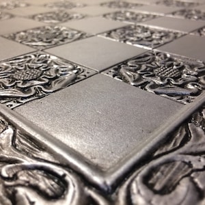 Large Chess board - Metallic Silver York Rose Gothic Motif with Engraved Border - 45cmx45cm with 5cm Squares - Classic theme - Made to order