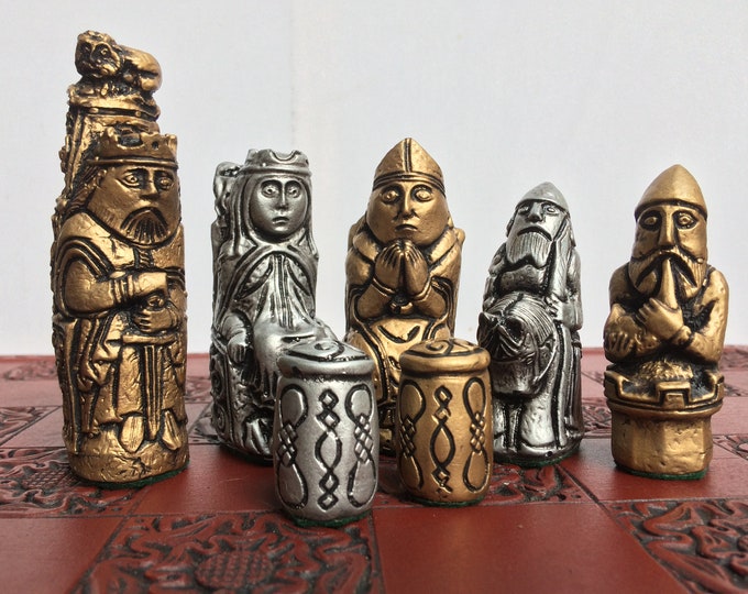 Handmade Replica of The Leipzig Chess Set - Metallic Gold and Silver Antique Effect Medieval Chess Set - Chess Pieces Only) - Made to order!