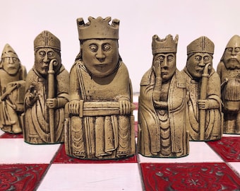 Lewis Chessmen - Extra large Isle of Lewis Chess set - Aged bone & beetroot Antique Effect - Made to order - Chess pieces only